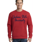 Red unisex crewneck pocket sweatshirt with white “Jackson State University” script front