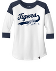 Ladies white and navy 3/4-sleeve raglan baseball tee with Tigers logo