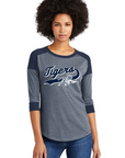 Ladies heather gray and navy raglan baseball tee with Tigers logo