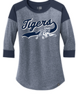 Ladies heather gray and navy 3/4-sleeve raglan tee with Tigers logo