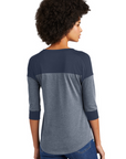 Ladies heather gray and navy raglan baseball tee, back view