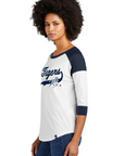 Ladies navy and white raglan baseball tee with Tigers logo on the chest