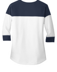 Ladies navy and white 3/4-sleeve raglan baseball tee with crew neckline