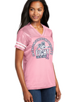 Light pink ladies V-neck replica jersey with circular tiger emblem, front view