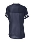 Navy blue ladies V-neck replica jersey with white sleeve stripes, back view