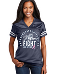 Ladies replica V-neck jersey, navy with tiger fight logo and pink awareness ribbon