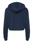 Navy blue cropped pullover hoodie back view with hood and relaxed sleeves