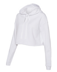 White cropped pullover hoodie angled front view with hood and drawstring