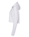 White cropped pullover hoodie side view with hood and long sleeves