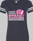 Dark heather V-neck tee with front Breast Cancer awareness graphic and football icon