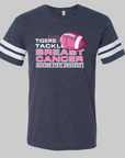 Dark navy unisex tee with 'Tigers Tackle Breast Cancer' football graphic and striped sleeves