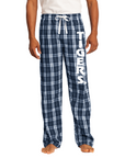 Navy plaid flannel pajama pants with vertical Tigers logo on front