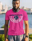 Unisex crew-neck short-sleeve T-shirt with front football logo graphic, pink