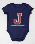 Infant short sleeve bodysuit in navy with J logo and Jackson State University print