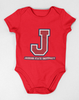 Infant short sleeve bodysuit in red with J logo and Jackson State University print