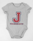 Infant short sleeve bodysuit in heather gray with J logo and Jackson State University print
