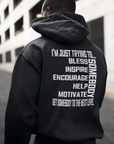 Black pullover hoodie with hood and large back motivational quote text graphic