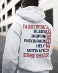 White unisex pullover hoodie, back graphic text print, split hem and kangaroo pocket