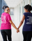 Pink and navy unisex short sleeve crew neck T-shirts with white motivational text graphics