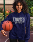 Navy unisex pullover hoodie with Tigers basketball logo and kangaroo pocket on model
