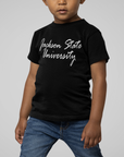 Black youth short-sleeve T-shirt with white script university logo, worn by child