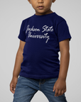 Navy youth short-sleeve T-shirt with white script university logo, worn by child