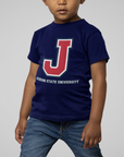 Kids' navy crew neck T-shirt with large J logo and Jackson State University label