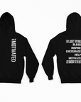 Black pullover hoodie with hood and front vertical motivational lettering