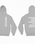Athletic heather grey pullover hoodie with hood and front vertical motivational lettering