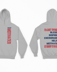Light gray unisex pullover hoodie set: front and back view, hood, pocket, and text graphic