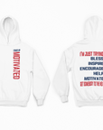 White unisex pullover hoodie set: front and back view, hood, pocket, and text graphic