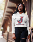 White cropped pullover hoodie on model with hood and drawstring, long sleeves