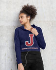 Women’s navy cropped pullover hoodie with J logo and drawstring