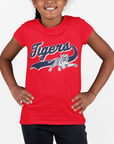 Youth red crewneck T-shirt with Tigers leaping mascot graphic on front