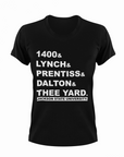 Black crewneck T-shirt with white block graphic text