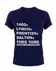 Navy crewneck T-shirt with white block graphic text