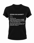 Black short-sleeve crewneck T-shirt with Jackson State University 'thee' text graphic.