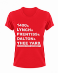 Red crewneck T-shirt with white block graphic text