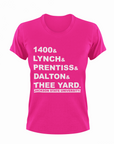 Pink crewneck T-shirt with white block graphic text