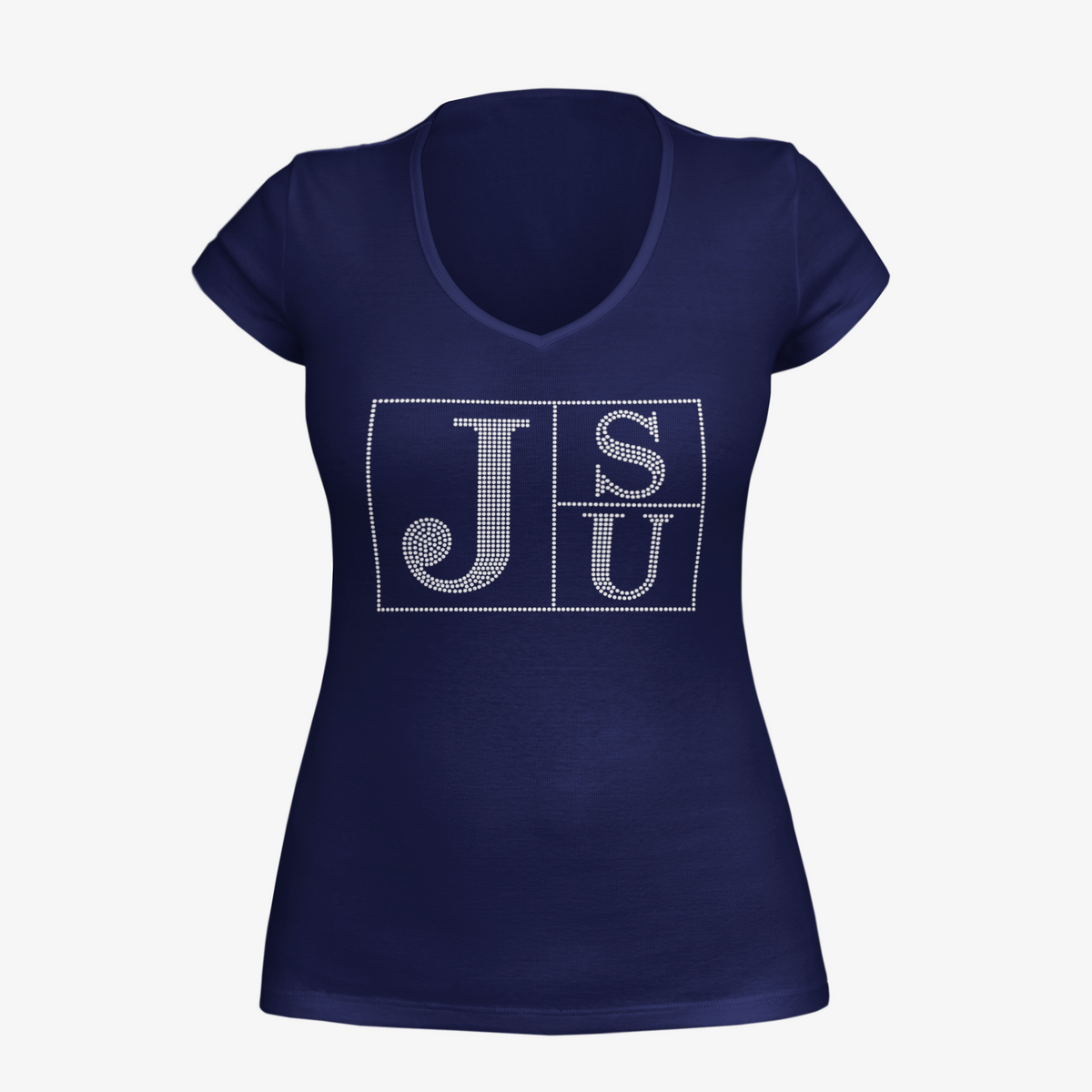 Jackson State University Tigers JSU Block Letter Rhinestone V-Neck T-S