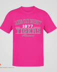 Pink unisex crewneck T-shirt with '1877 Tigers' and 'Alumni' front print.