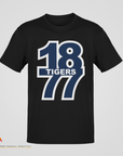 Black crew neck short sleeve t-shirt with “18 Tigers 77” front graphic