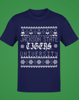 Navy short-sleeve crew-neck T-shirt with white festive Jackson State Tigers graphic