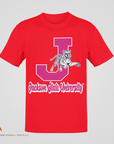 Red crew-neck T-shirt with leaping tiger and J emblem graphic