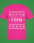 Bright pink short-sleeve crew-neck T-shirt with white festive Jackson State Tigers graphic