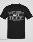 Black unisex crewneck T-shirt with '1877 Tigers' and 'Alumni' front print.