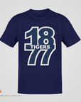 Navy crew neck short sleeve t-shirt with “18 Tigers 77” front graphic