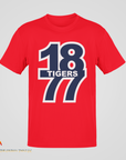 Red crew neck short sleeve t-shirt with “18 Tigers 77” front graphic