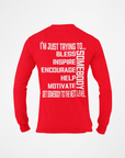 Red long sleeve crewneck T-shirt, back graphic text in white