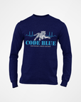 Navy blue long sleeve crewneck T-shirt with “CODE BLUE” wolf heart-rate graphic